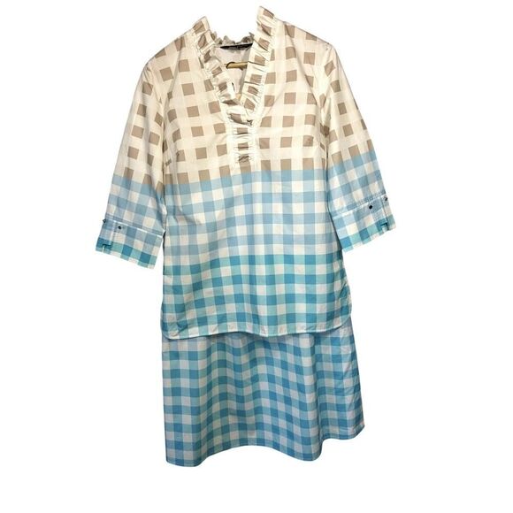 MING WANG Women's Two Piece Gingham Cotton Poplin Skirt Set Blue/Tan Size Small - Picture 2 of 16